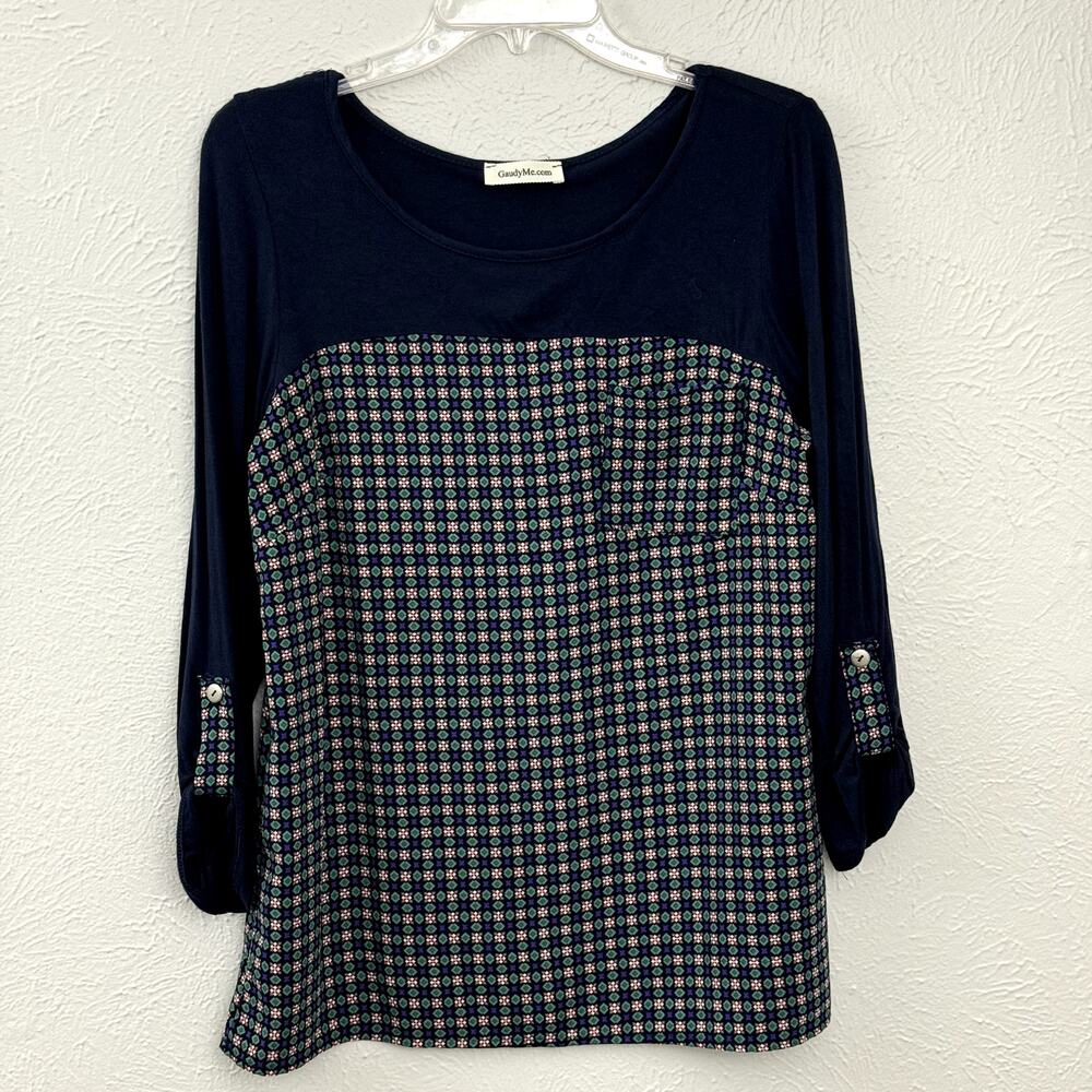 Boutique Brand Navy Pattern Top with Roll Tab Sleeves